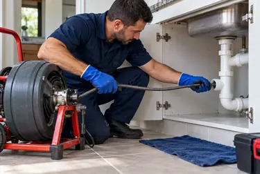 Equipe realizando limpeza de caixa de gordura em uma propriedade.