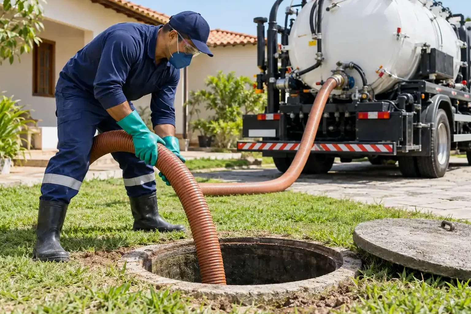 Equipe realizando manutenção preventiva em rede de esgoto.
