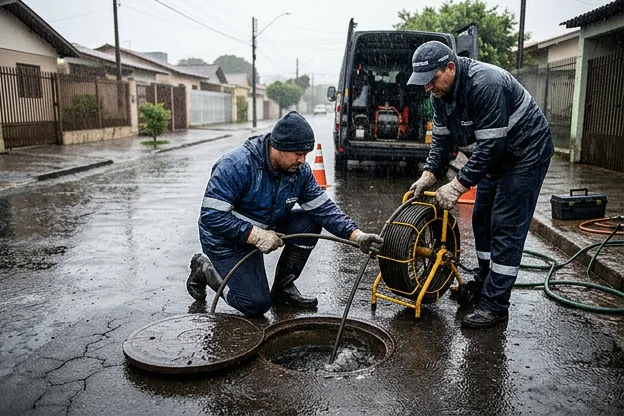 Equipes desentupindo em condições de chuva em Sarandi.