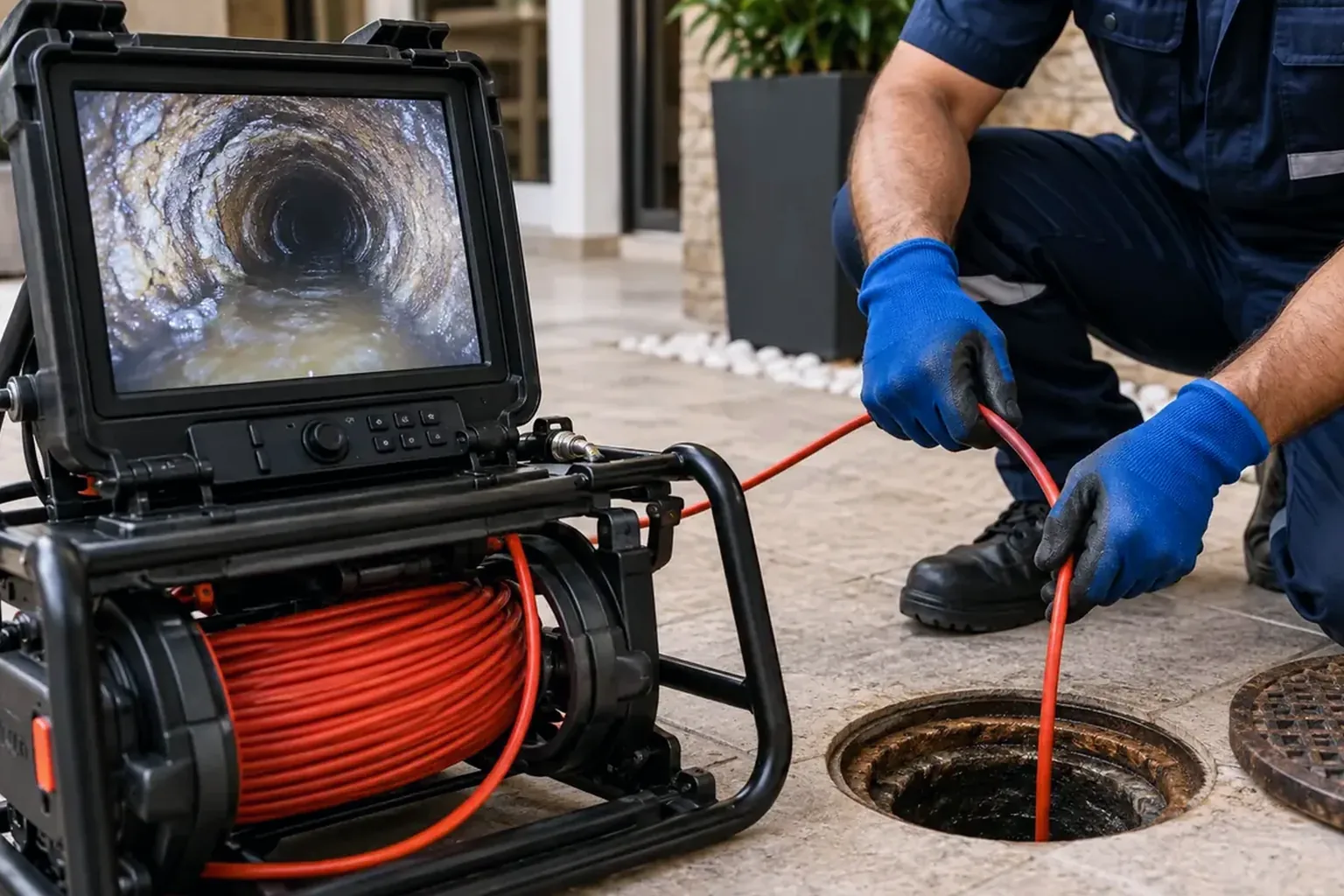 Profissional limpando fossa séptica.