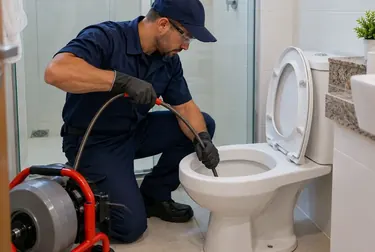 Técnico desentupindo um vaso sanitário na residência.