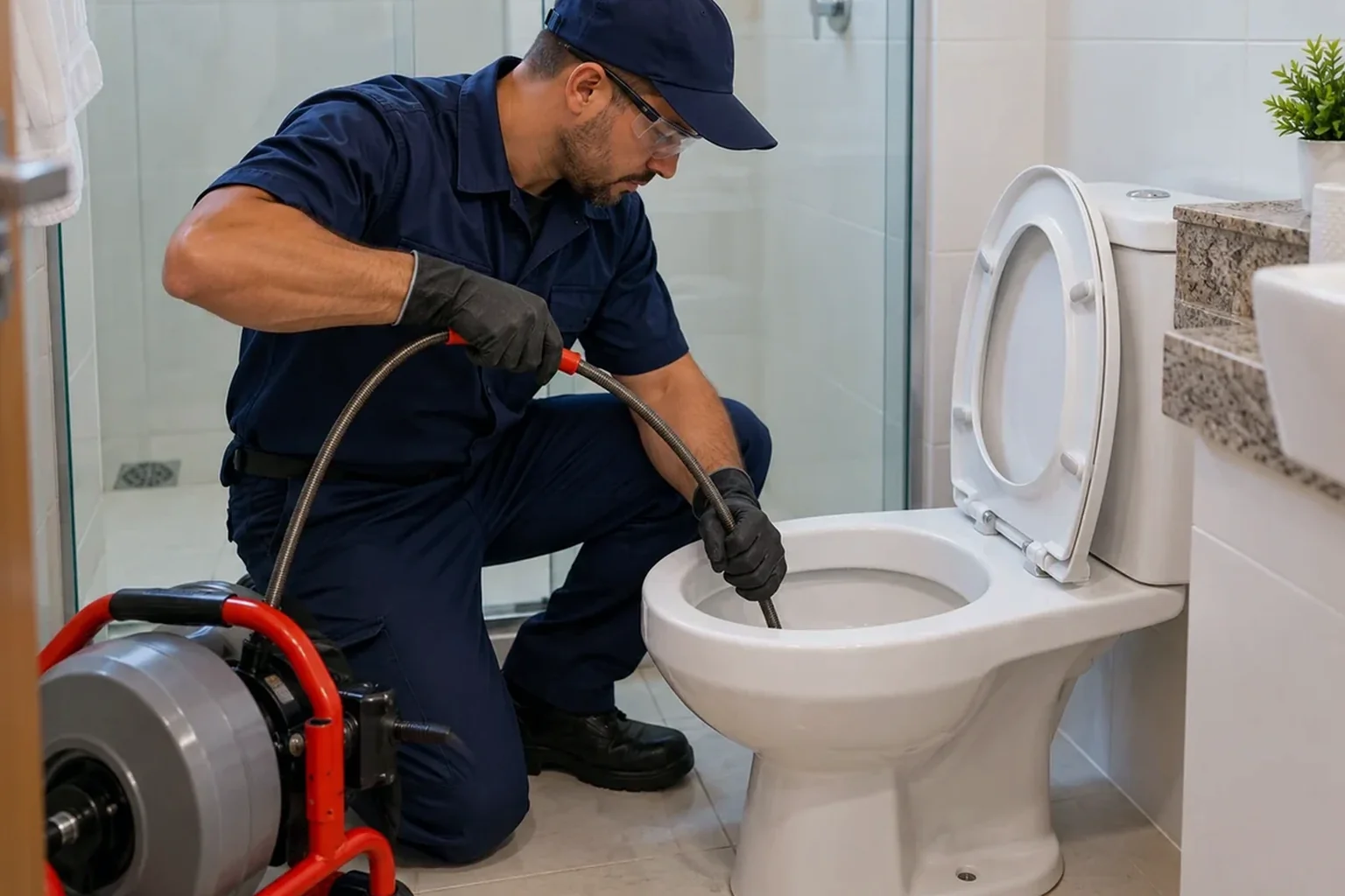 Técnico desentupindo um vaso sanitário na residência.