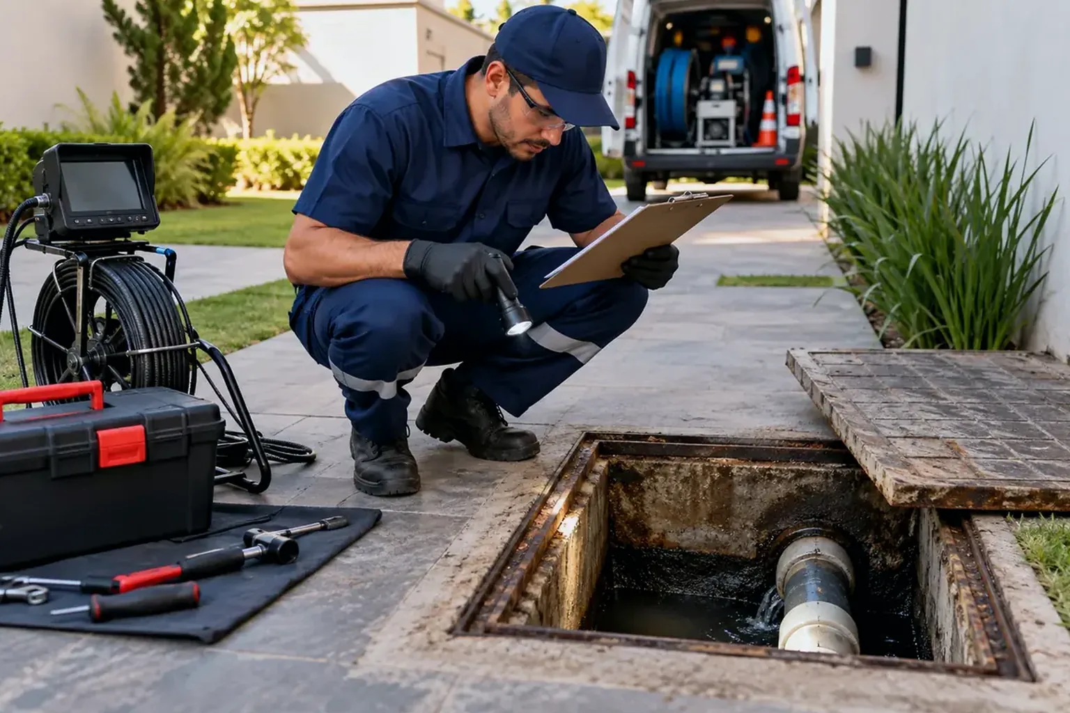 Técnicos realizando desentupimento de rede pluvial.