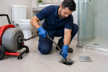Técnicos trabalhando no desentupimento de um ralo em uma casa.